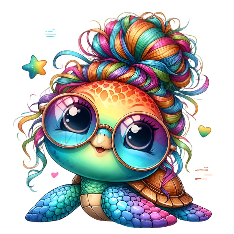 May include: A colorful cartoon turtle with rainbow hair in a bun, wearing round blue glasses. The turtle has a rainbow shell and is smiling.