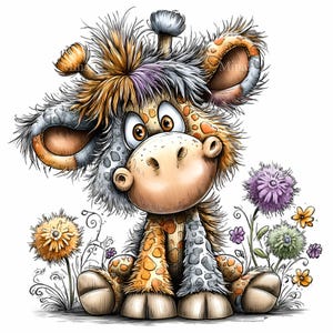 15 PNG Funny giraffe clipart – Cute cartoon PNG – Whimsical animal art with flowers for nursery decor, kids crafts or printable cards