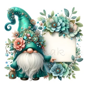 Clipart di gnomi floreali - 12 simpatici gnomi con cappello verde e fiori PNG di arte digitale per artigianato e sublimazione