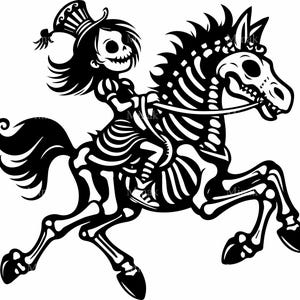 5 fille squelette SVG sur cheval coupe fichier SVG | Silhouette d'équitation effrayante | Clipart squelette Halloween pour Cricut, laser, vinyle