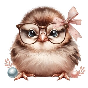 Puede incluir: Un pollito marr&oacute;n y blanco con gafas rosas y un lazo rosa. El pollito est&aacute; sentado sobre un fondo blanco con objetos de color azul y rosa que parecen perlas a cada lado.