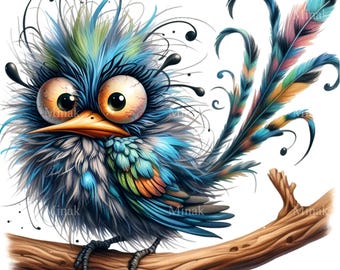 15 PNG Funny Colorful Bird Crazy Feathers Eyeball Branch Sublimation