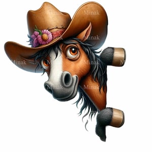 20 Pferd PNG Clipart, niedliches Cowboy-Pferd mit Hut, wunderliche westliche digitale Kunst