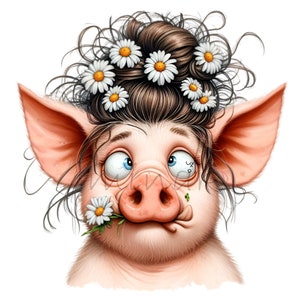Funny Piglet with Daisies 12 PNG Crazy Farm Animal Graphics Cartoon illustration clipart, DIY Card Making