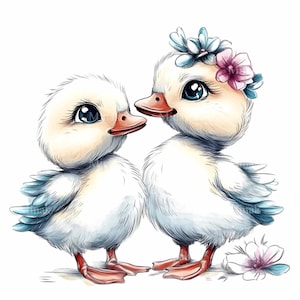 12 Couple de canards PNG - Mignon bébé canard clipart avec fleurs - Art animalier printanier pour décoration de chambre d'enfant, cartes et travaux manuels pour enfants