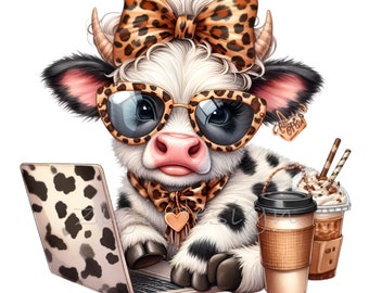 Lustige Kuh-Clip-Art, 12 PNG Kaffee Clipart, Leopardenmuster Bogen, lustige Oma Mutter Tages Karte machen, Sublimation druckbar, Wandkunst