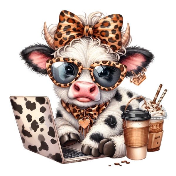 Funny Cow Clip Art, 12 PNG Coffee Clipart, Leopard Print Bow, Funny Grandma Mother's Day Card Making, Sublimation Printable, Wall Art