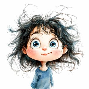 15 Quirky Girl PNG Clipart - Messy Hair, Big Eyes, and Playful Smile Digital Illustration