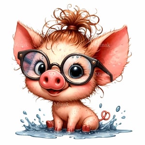 14 PNG de cerditos adorables: Cerdo con gafas en agua. Divertidos PNG de animales de granja para proyectos de decoración y sublimación infantil.