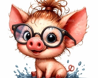 14 PNG lustige Ferkel Messy Hair Schwein Clipart, Nerdy Tier Brille Splash