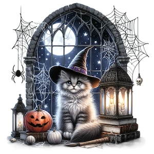 8 Clipart PNG di gatti di Halloween: simpatico gattino strega con cappello, zucca, lanterna, libri, finestra illuminata dalla luna, ragnatele e teschi