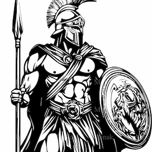 Archivo de corte SVG de guerrero espartano de 4 SVG, clipart de gladiador griego antiguo con lanza y escudo, diseño de luchador legendario para corte láser Cricut