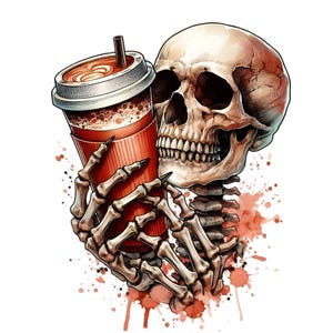 12 imágenes PNG de esqueletos de café, calavera gótica con arte latte, arte de Halloween para amantes del café, descarga digital de estética oscura