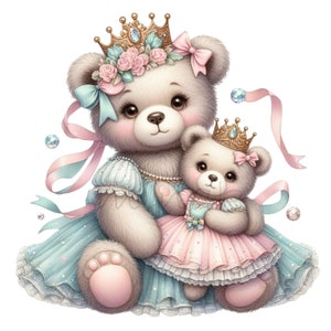 12 princesas osos PNG, mamá y bebé PNG, lindos osos reales Clipart, arte digital de animales bebés pastel, sublimación de osos de cuento de hadas
