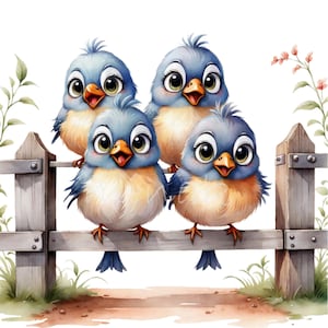 15 simpatici uccelli Clipart PNG, quattro adorabili uccelli su recinzione, stravagante arte primaverile degli uccelli, download digitale per sublimazione