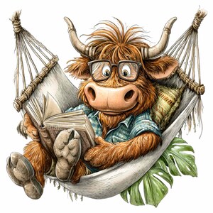 K&ouml;nnte beinhalten: Cartoon-Illustration einer Highland-Kuh mit Brille und kariertem Hemd, die sich in einer H&auml;ngematte entspannt und ein Buch liest. Im Hintergrund befindet sich ein gr&uuml;nes Monstera-Blatt.