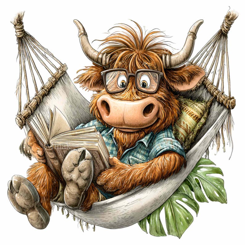 K&ouml;nnte beinhalten: Cartoon-Illustration einer Highland-Kuh mit Brille und kariertem Hemd, die sich in einer H&auml;ngematte entspannt und ein Buch liest. Im Hintergrund befindet sich ein gr&uuml;nes Monstera-Blatt.