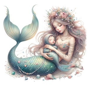 10 sirène mère PNG et bébé PNG Clipart, art numérique fantastique enchanteur, illustration de scène lunatique de l'océan