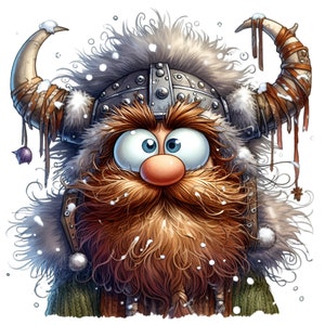 Viking drôle avec casque 10 PNG hiver original Noël nordique dessin animé illustration clipart, fabrication de cartes bricolage imprimable par sublimation