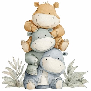 Pode incluir: Ilustração em aquarela de três hipopótamos sorrindo empilhados uns sobre os outros. O hipopótamo superior é bege, o do meio é cinza e o inferior é azul. A imagem tem um estilo fantasioso e de desenho animado.