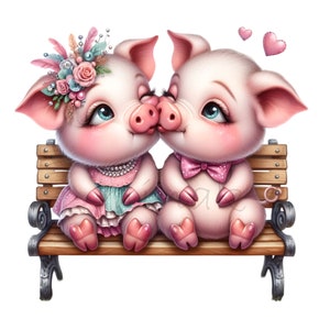 12 maiali che si baciano Clipart PNG, coppia di maiali carini su panchina, maiali di San Valentino, sfondo trasparente