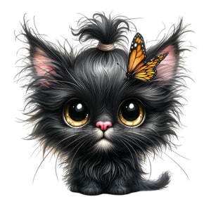 Süßes Schwarzes Kätzchen mit Schmetterling 10 PNG Kinder Cartoon Illustration Clipart