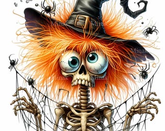 12 PNG Skeleton Witch Halloween Clipart, Orange Messy Hair Spooky