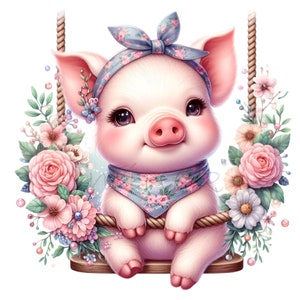 14 imágenes prediseñadas de cerditos en un columpio con detalles florales, lindos PNG digitales para manualidades y decoración de guarderías