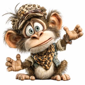 May include: A cartoon monkey with large, expressive eyes and a surprised expression. The monkey wears a leopard-print hat, scarf, and a denim vest over a tan shirt. Its arms are outstretched, and it has a brown fur.