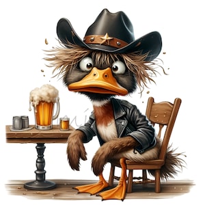 12 divertidos cliparts de patos con sombrero de vaquero, jarra de cerveza y chaqueta de cuero / Escena de bar con animales del oeste para proyectos de manualidades divertidos