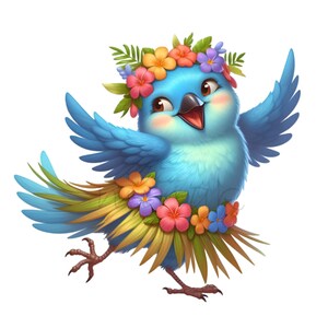 Imágenes prediseñadas de pájaro danzante de hula, 12 lindos pájaros tropicales con corona de flores PNG, ilustración de pájaro hawaiano, arte de decoración de verano
