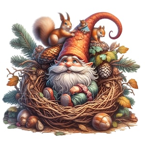 15 herfstkabouter png-afbeeldingen – boskabouter in nest met eekhoorns, eikels, dennenappels en bladeren, herfstbosontwerp voor sublimatie