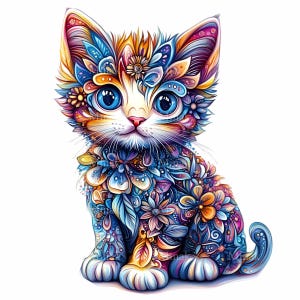 12 imágenes prediseñadas PNG de gato con patrón floral: gato vibrante con diseño floral intrincado: arte digital caprichoso sobre fondo blanco