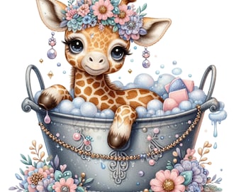 10 Giraffen-Badeschaum-Blumenkronen (PNG), Babyparty-Sublimationskunst fürs Kinderzimmer