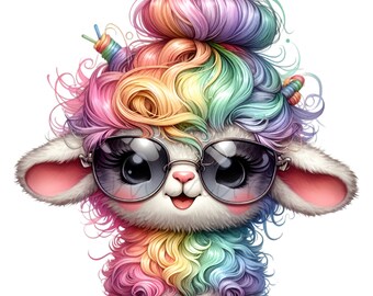 12 gafas de sol de llama arcoíris PNG, gafas de pelo de cordero coloridas en tonos pastel, arte original