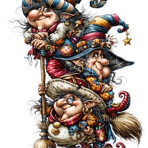 May include: A vertical stack of three illustrated witches with large noses, pointed ears, and messy hair. They wear colorful, patched clothing, pointed hats with stripes and skulls, and curled-toe boots. One witch holds a wooden broomstick.