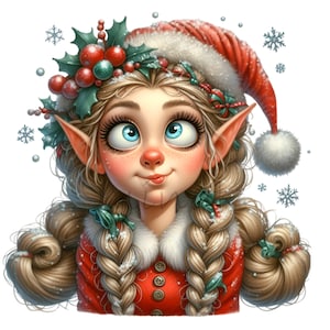 Puede incluir: Un elfo de Navidad con trenzas rubias, que lleva un gorro de Pap&aacute; Noel rojo y blanco con un pomp&oacute;n blanco, un su&eacute;ter rojo y blanco y una corona de acebo con bayas rojas.
