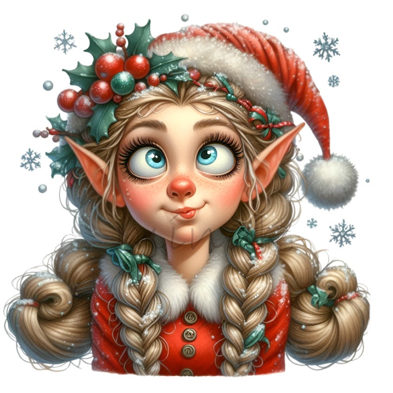 Puede incluir: Un elfo de Navidad con trenzas rubias, que lleva un gorro de Pap&aacute; Noel rojo y blanco con un pomp&oacute;n blanco, un su&eacute;ter rojo y blanco y una corona de acebo con bayas rojas.