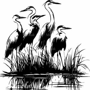 4 fichiers SVG héron groupe coupe SVG - oiseaux échassiers dans les marais Silhouette clipart - scène de la faune pour Cricut et travaux manuels laser