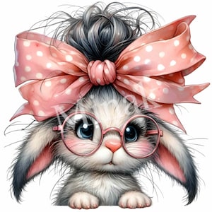 Hase mit rosa Schleife und Brille PNG Clipart | 14 süße Kaninchen-Illustrationen | Süße Tierkunst Digital Download