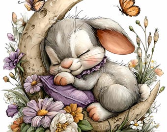 15 PNG Sleeping Rabbit Moon, Floral Bunny Clipart, Celestial Nursery
