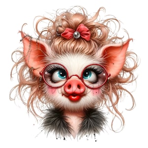 Adorabile maiale con occhiali Digital Clipart 14 PNG - Illustrazione di maiale carino con fiocco e trucco