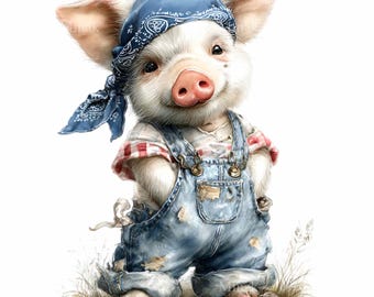 16 PNG Piglet Clipart, Baby Pig Overalls Bandana, Farm Animal