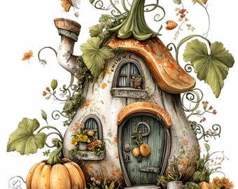 15 PNG Pumpkin house clipart – Fall fairy home PNG – Cute autumn cottage art for cards, planner stickers, kids decor, harvest crafts