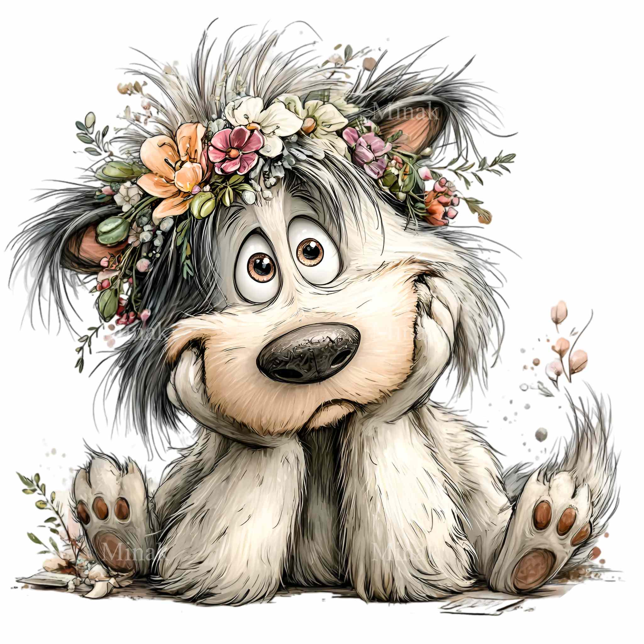 15 PNG Floral Dog Clipart – Funny Puppy PNG Illustration – Cute Fluffy ...