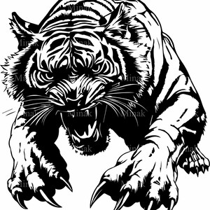 4 archivos SVG de tigre feroz: gran felino agresivo en pose de ataque: arte digital de depredador salvaje para Cricut y Silhouette