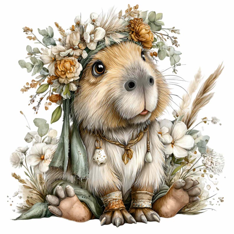 May include: An illustration of a capybara wearing a floral crown and jewelry. The capybara has light brown fur, a gray nose, and large brown eyes. It is surrounded by white and green flowers and tall grasses, creating a whimsical, bohemian aesthetic.