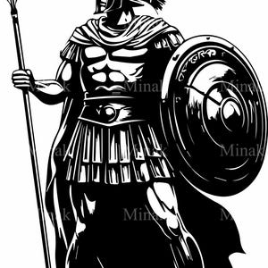 Archivo de corte SVG de guerrero espartano de 4 SVG, soldado griego antiguo con escudo y lanza, diseño de gladiador legendario para corte láser Cricut