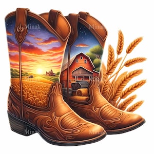 May include: A pair of brown cowboy boots with intricate embossed designs. The boot shafts feature a sunset scene over a wheat field and a barn under a starry sky. Wheat stalks are positioned next to the boots.