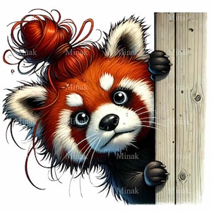 12 imágenes PNG de un lindo panda rojo con moño desordenado, expresión curiosa, sosteniendo una valla de madera, fondo transparente PNG